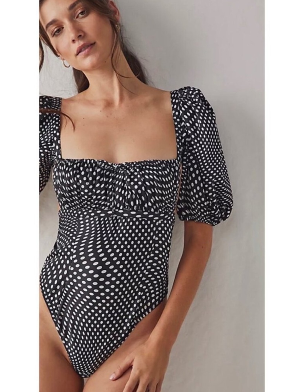 Free People Dany Bodysuit NWT XL Black Polka Dot Puff Sleeve Cutout